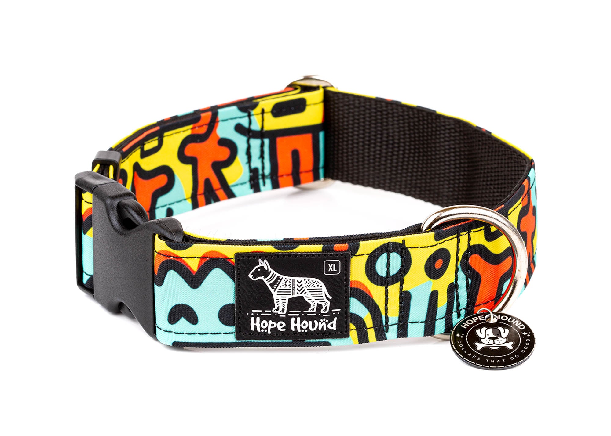 Colorful buckle dog collar with 'Hope Hound' branding 
